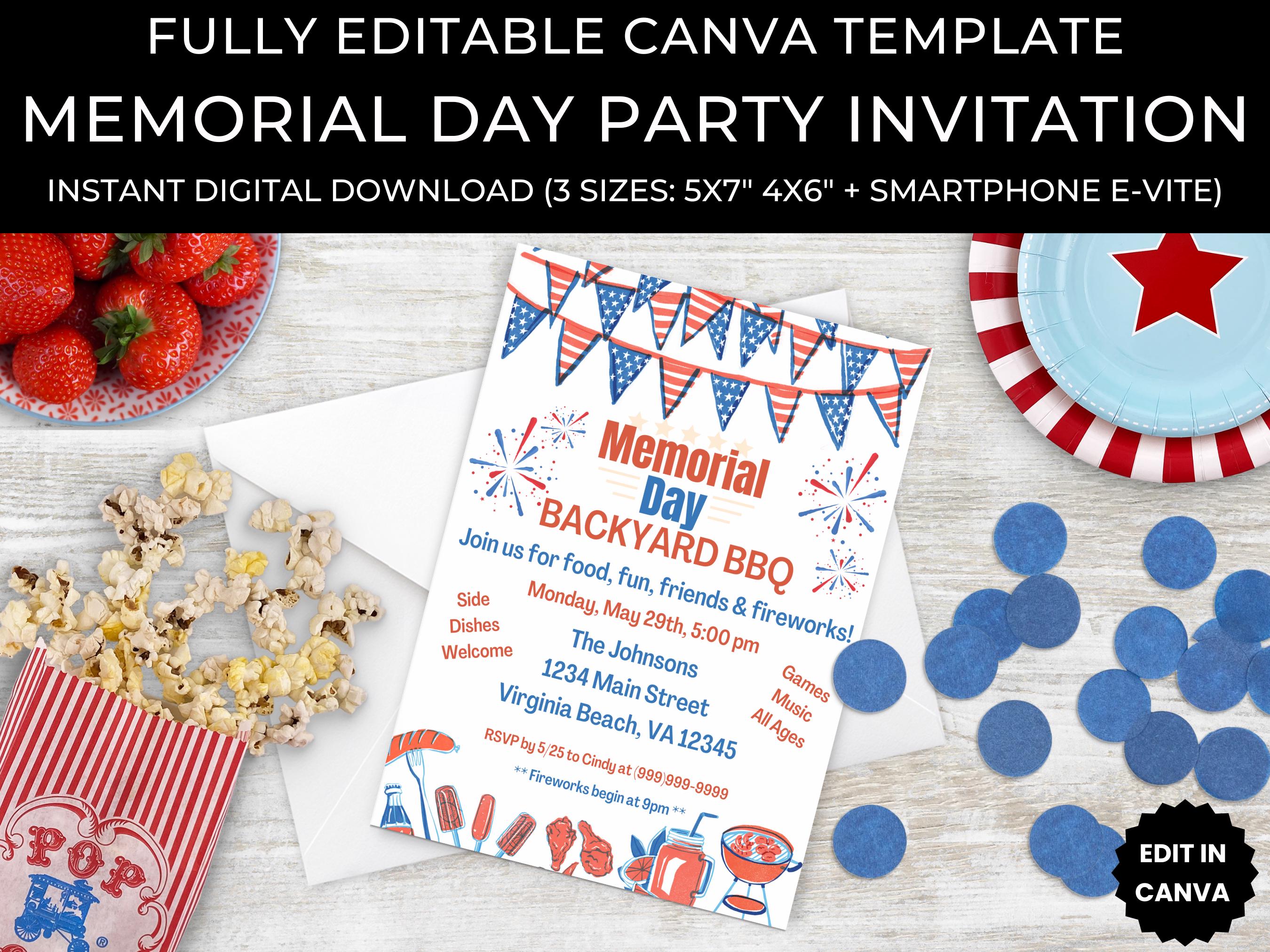 Editable Memorial Day Party Invitations Template Download, Digital ...