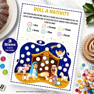 May include: A printable Christmas game for kids called "Roll a Nativity". The game features a colorful illustration of a nativity scene with a star, angel, and animals. Players roll a die and cover a circle on the board with a corresponding color. The game includes instructions for playing.