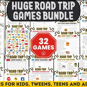 May include: A bundle of 32 road trip games for kids, teens, and adults. The image features various game sheets with titles like "I Spy," "Word Search," and "License Plate Hunt." The main title is "Huge Road Trip Games Bundle."