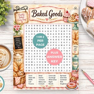 以下が含まれることがあります： ヴィンテージベーカリーをテーマにした、印刷可能な「Baked Goods」ワードサーチパズル。画像にはコーヒーカップ、クッキーの皿、鉛筆が含まれています。パズルには焼き菓子のリストが掲載されています。