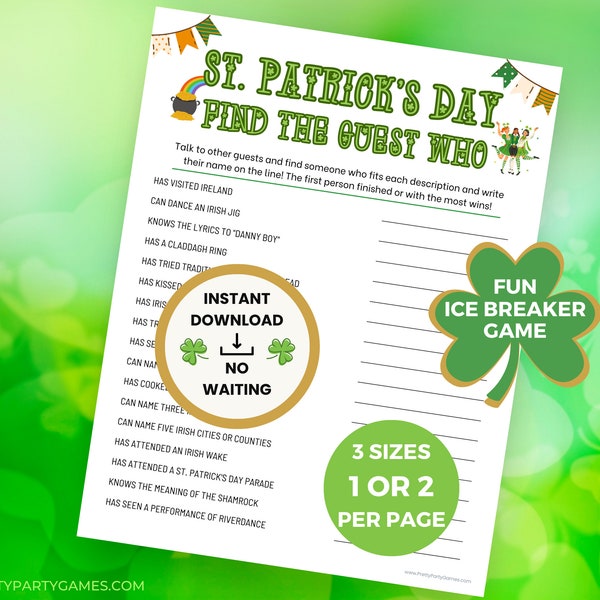 Find The Guest St Patrick's Day Game, Printable Icebreaker Office Party Games for Adults, Fun St Patricks Day Conversation Starter Activity