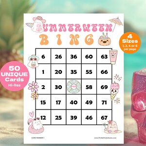 Może przedstawiać: Kolorowa karta do gry "Summerween Bingo" z siatką liczb i tematycznymi ilustracjami. Karta zawiera tekst "Summerween Bingo" i "50 unikalnych kart". Karta jest zaprojektowana w tematyce plażowej.