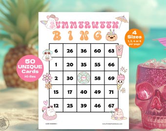 50 Summerween Pool Party Bingo Cards with Numbers, Printable Summer Halloween Pool Party Games for Kids & Adults, Cute Spooky Vibes Birthday