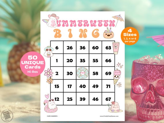 50 Summerween Pool Party Bingo Cards with Numbers, Printable Summer Halloween Pool Party Games for Kids & Adults, Cute Spooky Vibes Birthday