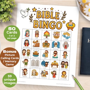 Bible Character Bingo, Colorful Bible Bingo for Kids & Adults, 50 Printable Picture Bingo Cards, Bible Stories Game, Sunday School Activity