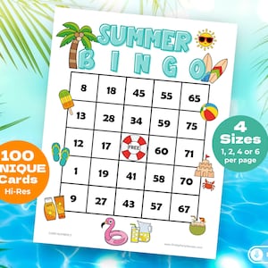 100 tarjetas de bingo de verano con números, tarjetas de bingo de playa imprimibles para niños y adultos, divertida barbacoa en el patio, actividad de fiesta en la piscina, descarga instantánea