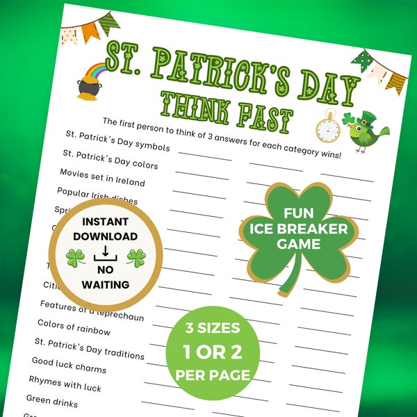 St. Patrick's Day Think Fast Game, Shamrock Birthday Games, Printable St. Patrick's Day Games For Kids, Teens & Adults, Instant Download PDF