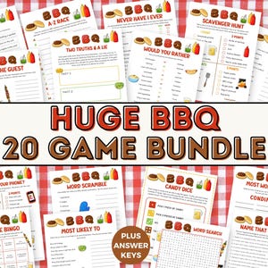 May include: A bundle of 20 printable BBQ games, such as Charades and Would You Rather, displayed on a red and white checked tablecloth. The title reads "HUGE BBQ 20 GAME BUNDLE". Includes answer keys. The games are designed for a BBQ.