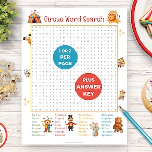 May include: A circus-themed word search puzzle with colorful illustrations and the text "Circus Word Search." The puzzle includes a list of circus-related words. A cupcake, cookies, popcorn, and a pencil are also visible.