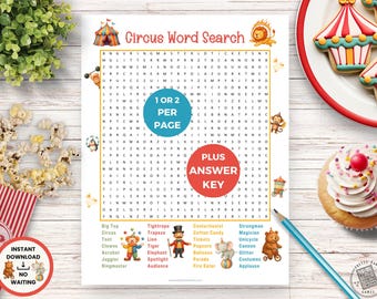 May include: A circus-themed word search puzzle with colorful illustrations and the text "Circus Word Search." The puzzle includes a list of circus-related words. A cupcake, cookies, popcorn, and a pencil are also visible.