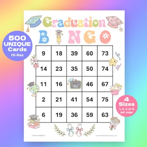 500 cartes de bingo pour l'obtention du diplôme, jeu de bingo imprimable Unique avec nombres, bingo pastel groovy assez rétro pour la soirée de remise des diplômes, téléchargement immédiat