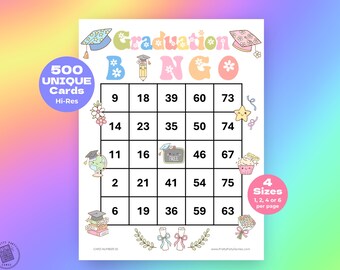 500 Graduation Bingo Cards, Unique Printable Bingo Game w/ Numbers, Pretty Retro Groovy Pastel Bingo For Graduation Party, Instant Download