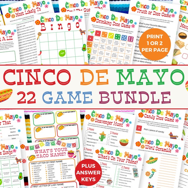 Cinco De Mayo Printable Games, 22 Printable Party Games Bundle, Fiesta Party Games for Adults, Teens and Kids, Office Party Icebreaker Games