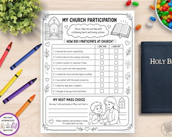May include: A black and white printable activity sheet titled My Church Participation with a checklist for children to track their behavior during mass, featuring illustrations of a church interior, an open book, and a child with an adult.
