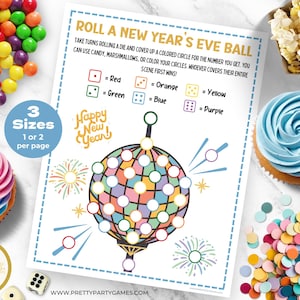 Puede incluir: Juego de mesa imprimible para la víspera de Año Nuevo con una bola de discoteca y fuegos artificiales. Los jugadores tiran un dado y cubren el círculo de color correspondiente en la bola de discoteca. El primer jugador en cubrir toda su escena gana. El juego está disponible en tres tamaños, con uno o dos juegos por página.