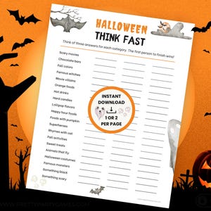 Halloween Think Fast Game for Fall, Printable Halloween Party Games, Family Game Night, Halloween Office Party Activities, Instant Download