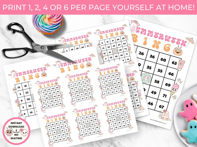 Może przedstawiać: Drukowane arkusze do gry w bingo "Summerween" z kolorowym wzorem. Arkusze zawierają siatki bingo z numerami i grafiką o tematyce letniej. Tekst "PRINT 1, 2, 4 OR 6 PER PAGE YOURSELF AT HOME!" znajduje się na g&oacute;rze.
