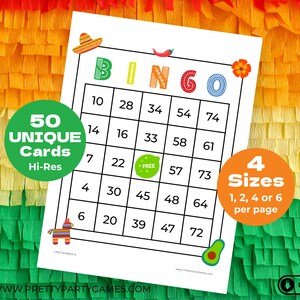 May include: A printable bingo card with a Mexican fiesta theme. The card has a free space in the center and is surrounded by numbers. The card is decorated with a sombrero, chili pepper, flower, and avocado.