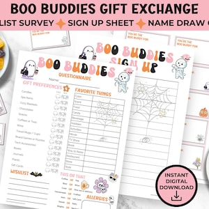 Pacchetto questionario Halloween Boo Buddy, sondaggio Pink-O-Ween Get to Know You, elenco di cose preferite stampabili per feste in ufficio, download immediato