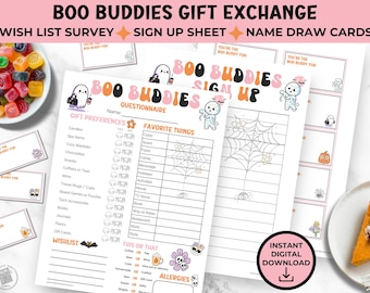 May include: Printable Halloween Boo Buddies Gift Exchange sign up sheet with a cute ghost and spider design. The sheet includes a questionnaire for gift preferences, favorite things, a wishlist, and a "this or that" section.  The sign up sheet also includes a name draw card template.