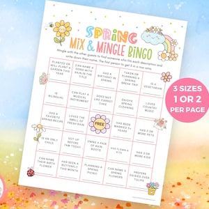 Pode incluir: Um jogo de Bingo Spring Mix & Mingle imprimível com um esquema de cores pastel. O jogo apresenta uma grade de prompts como "Pode nomear uma música com chuva no título" e "Faz aniversário na primavera". Inclui o texto "3 tamanhos 1 ou 2 por página".