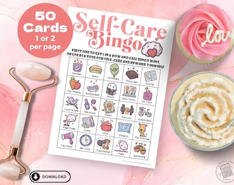 May include: A Self-Care Bingo game sheet featuring 25 illustrated activity squares, a pink rose-frosted cupcake with the word love, a light pink facial roller, and a bowl of whipped cream. The text reads 50 Cards 1 or 2 per page.