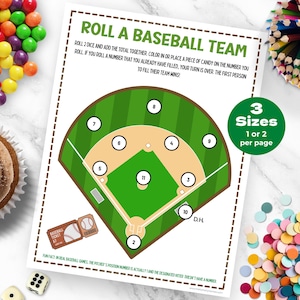 May include: Printable baseball game board with a green baseball field and numbered bases. The text "Roll a Baseball Team" is at the top of the board. The text "3 Sizes 1 or 2 per page" is in a green circle on the right side of the board.