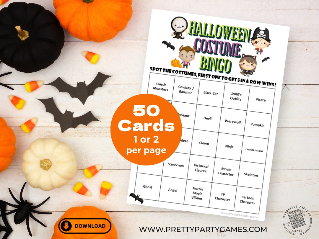 Costume Party Games, Halloween Bingo Printable PDF, 50 Halloween Bingo
