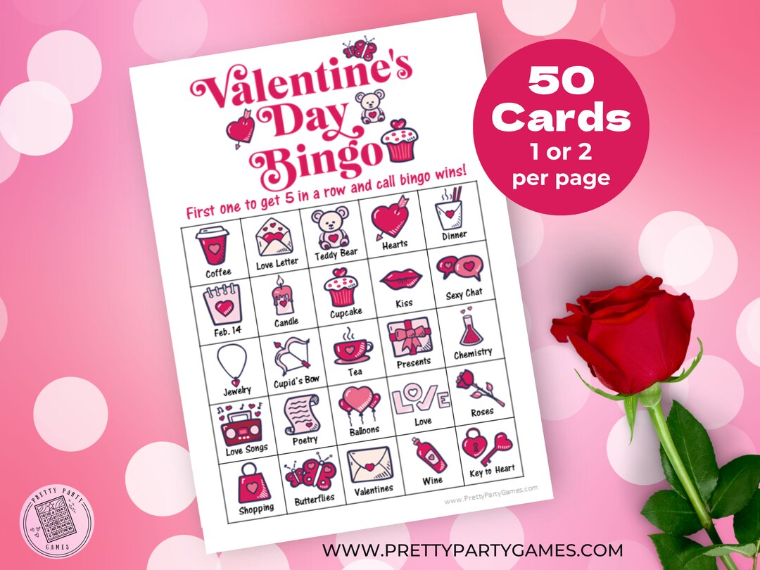 Printable Valentine Bingo Cards Happy Valentines Day Bingo Game 50 Unique Bingo Cards Digital