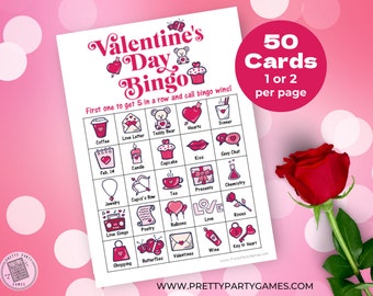 Printable Valentine Bingo Cards, Happy Valentines Day Bingo Game, 50 Unique Bingo Cards, Digital Download PDF, Romantic Love Pink Party Game