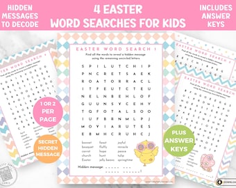 Könnte beinhalten: Ein Set aus vier ausdruckbaren Oster-Wortsuchrätseln für Kinder mit pastellfarbenen Rauten- und Zickzackmustern. Jede Seite enthält ein Buchstabenrätsel, eine Wortliste, einen Bereich für eine versteckte Botschaft und eine kleine Küken-Grafik.
