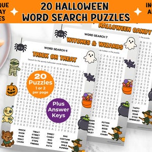 May include: A stack of Halloween-themed word search puzzles with the text "20 Halloween Word Search Puzzles." The puzzles feature spooky illustrations and include answer keys. A plate of ghost-shaped cookies is in the background.