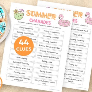 Summer Charades Clues, Fun Summer Activities for Kids Teens Adults, Family Pool Party, Summer Theme Birthday Party Games, Office Group Games