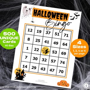 500 halloween-bingokaarten met cijfers, afdrukbare partygames, leuke halloween-bingokaarten voor kinderen, 1 2, 4 of 6 per pagina, pdf-bestand direct downloaden