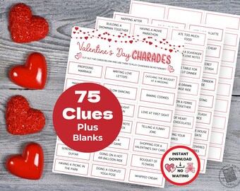 Tarjetas de charadas imprimibles para el día de San Valentín, 75 palabras de charadas + tarjetas en blanco, divertidas para parejas, despedidas de soltera o noches de chicas, descarga digital en formato PDF