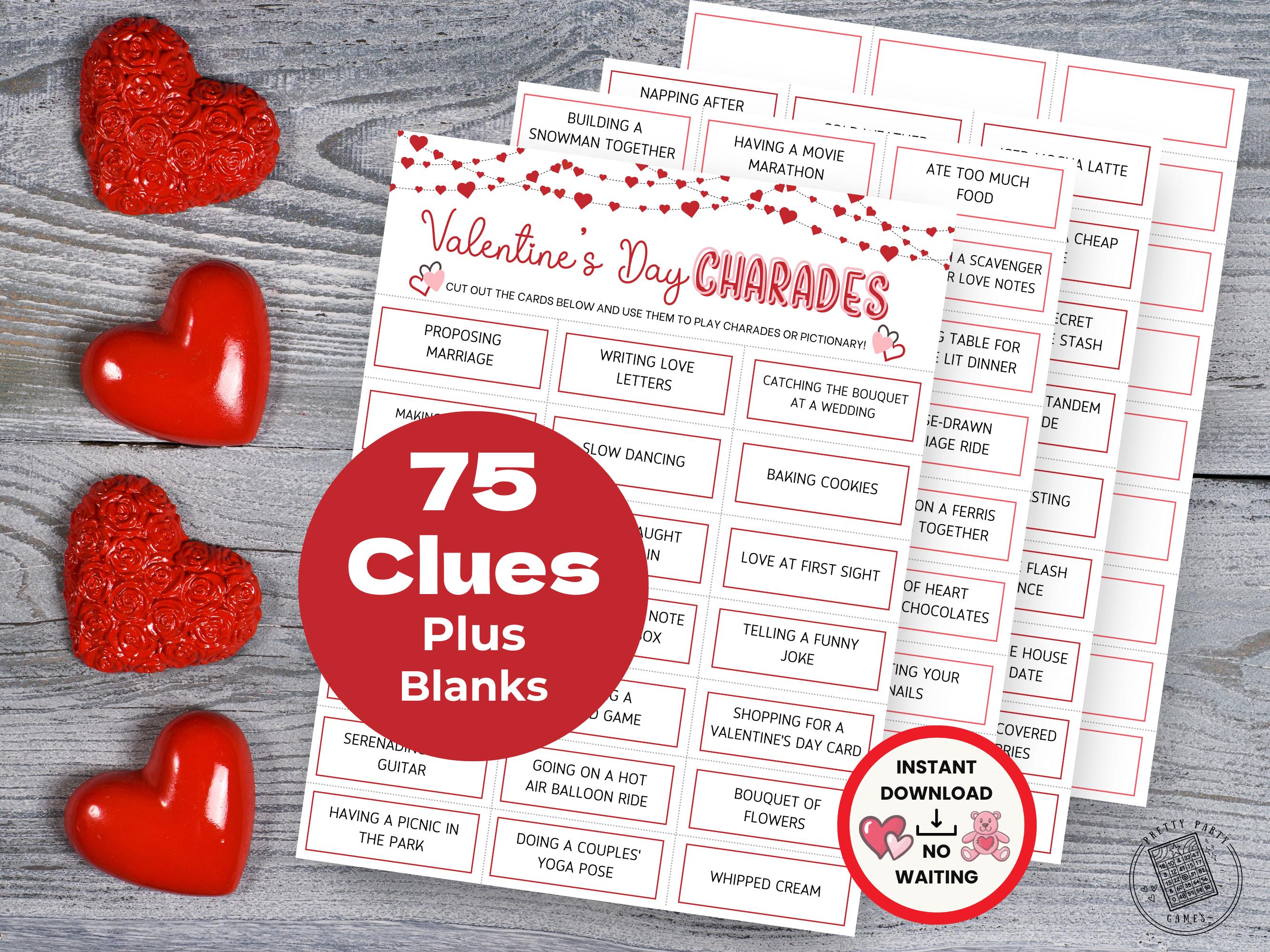 Valentines Day Printable Charades Cards, 75 Charades Words + Blank