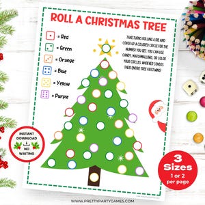 以下が含まれることがあります： 緑のクリスマスツリーと白い円が描かれた印刷可能なクリスマスツリーゲーム。ゲームにはサイコロと、円をキャンディー、マシュマロ、または色で覆うための指示が含まれています。ページの上部には「Roll a Christmas Tree」というテキストがあります。ページの下部には「3 Sizes 1 or 2 per page」というテキストがあります。
