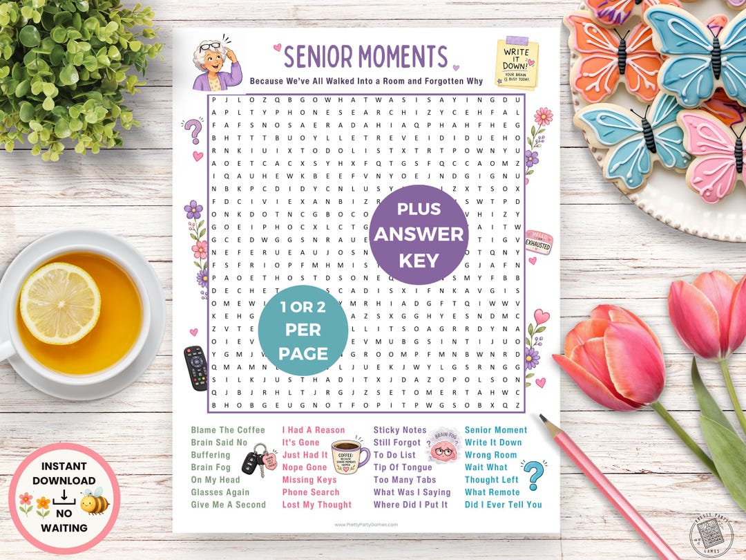 Funny Senior Moments Word Search Printable Game for Seniors, Group Games for Senior Citizens ...