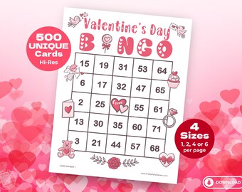 500 Valentines Day Bingo Cards with Numbers, Fun Printable Holiday Party Games for Seniors, Adults & Kids, Jumbo Print, Instant Download PDF