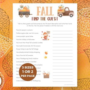 Könnte beinhalten: Ein druckbares Herbstspiel mit dem Titel "FALL FIND THE GUEST". Das Spiel zeigt Illustrationen von Kürbissen, einem Wagen und einem Lastwagen. Der Hintergrund ist ein warmes Orange mit Blättermustern. Das Spiel enthält Aufforderungen.
