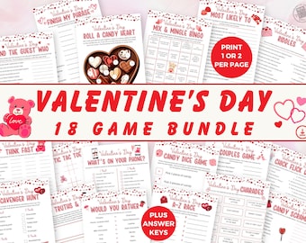 May include: A collection of 18 printable Valentine's Day games. The games include "Find the Guest Who", "Finish My Phrase", "Roll a Candy Heart", "Mix & Mingle Bingo", "Most Likely To", "Valentine's Day Riddles", "Think Fast", "Tic Tac Toe", "What's on Your Phone", "Candy Dice Game", "Couples Game", "Chick Flick Quiz", "Scavenger Hunt", "Truths &", "Would You Rather", "A-Z Race", "Charades", and "Candy Scramble". The games are designed to be printed 1 or 2 per page.