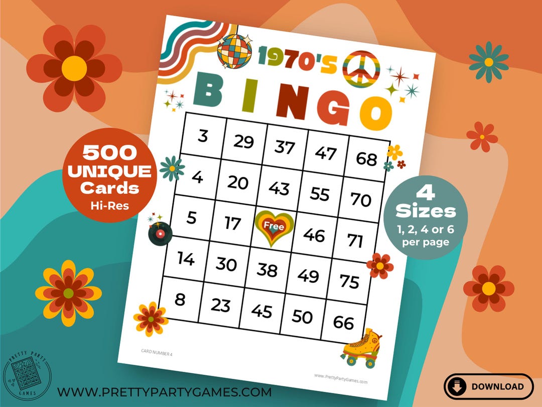 1970s Themed Bingo Cards, 500 Printable Bingo Cards With Numbers, 70s ...