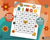 1970s Themed Bingo Cards, 500 Printable Bingo Cards with Numbers, 70s Retro Birthday Party Games, 1 2 4 or 6 Per Page, Instant Download PDF