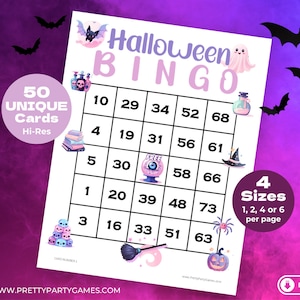 May include: A printable Halloween Bingo card with 50 unique cards, 4 sizes, and a purple and pink color scheme. The card features numbers 1-73 and Halloween themed images like a ghost, a cauldron, a witch's hat, a spider, and a pumpkin.