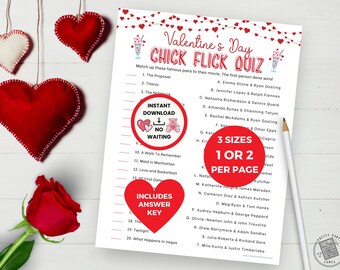Valentines Day Trivia Chick Flick Quiz, Fun Valentines Party Game Printable, Valentines Trivia Game for Adults & Teens, Digital Download PDF