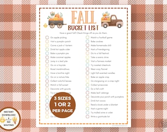 May include: A printable fall bucket list with a brown and orange plaid background. The list includes fall activities such as apple picking, visiting a pumpkin patch, and baking cookies. The text "3 sizes 1 or 2 per page" is also included.