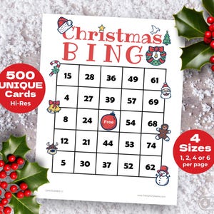 500 kerstbingokaarten met cijfers, leuk kerstbingospel voor grote groepen, partygames voor de feestdagen, 1 2 4 6 per pagina, direct downloaden