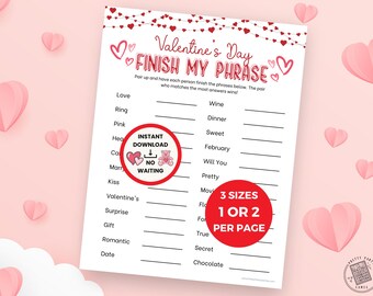 Valentines Day Finish My Phrase Game, Fun Valentines Party Games, Games For Couples Night, Printable Games For Parties, Digital Download PDF