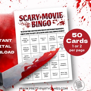 Juego de bingo de película de miedo imprimible, 50 cartas de bingo, juegos de fiesta de miedo para adultos y adolescentes, bingo de película de terror, divertidos juegos de miedo de fiesta de Halloween