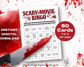 Scary Movie Bingo Game Printable, 50 Bingo Cards, Scary Party Games for Adults & Teens, Horror Movie Bingo, Fun Halloween Party Scary Games